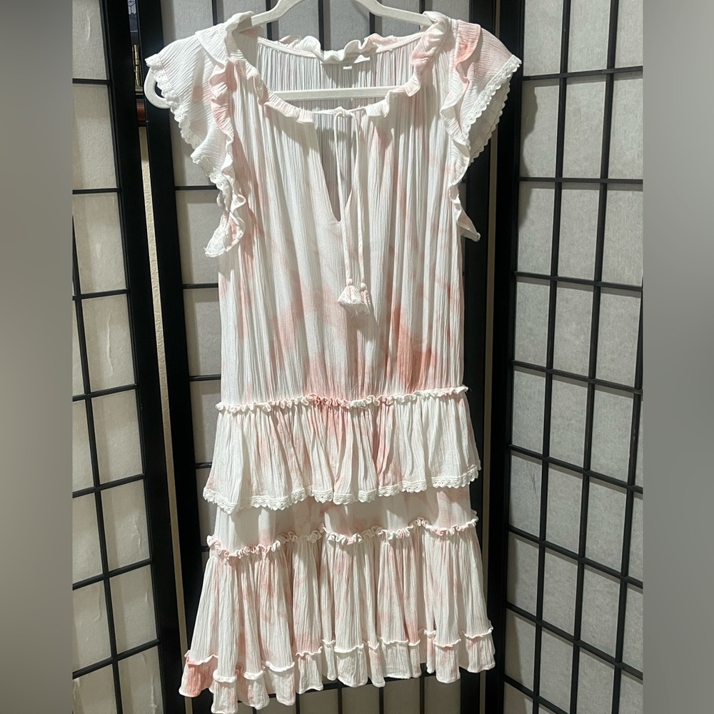 Olivaceous Pale Pink & White Ruffled Neck TIERED MINI DRESS, WOMEN SIZE M